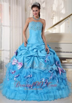 Aqua Quinceanera Dress Pick-ups Hand Made Flower Decorate