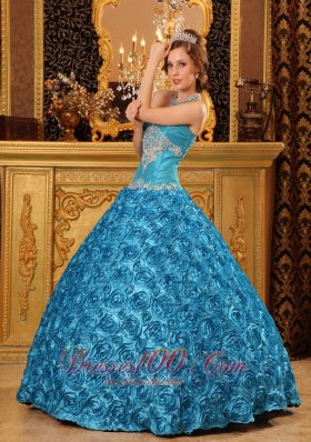 Rolling Flower Sky Blue Appliques Sweetheart Quinceanera Gown