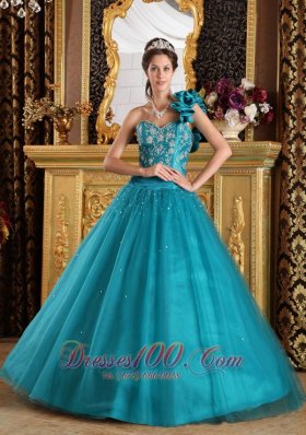 Quinceanera Dress Hand Made Flower One Shoulder Teal A-line