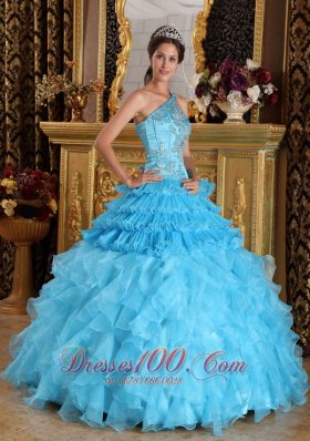 One Shoulder Aqua Blue Quinceanera Dress Beading