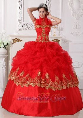 Halter Quinceanera Dress Red and Gold Taffeta Beading Appliques