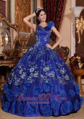 V-neck Satin Beading and Appliques Blue Quinceanera Dress
