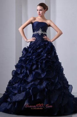 Navy A-line/Princess Beading and Floral Quinceanera Dress