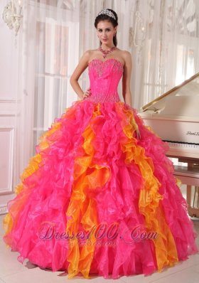 Hot Pink and Orange Beading Floral Sweet 16 Dress Ball Gown