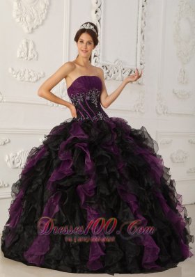 Strapless Puffy Ball Gown Black and Purple Gown for Quinceanera
