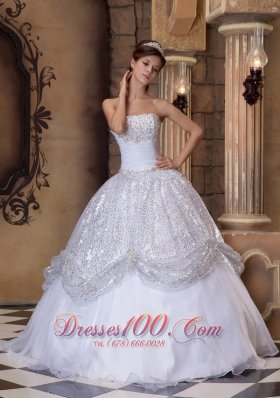 White and Silver Quinceanera Ball Gown Strapless for