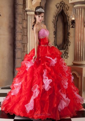 Strapless Ball Gown Puffy Pink and Red Ball Gown for Quinceanera