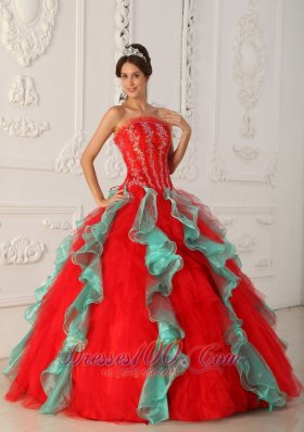 2013Strapless Embroidery Ball Gown Red and Green for Quinceanera