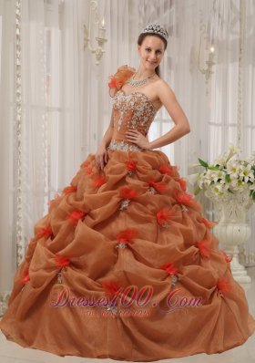 Rust Red Quinceanera Dress One Shoulder Handmade Flower Pick-ups