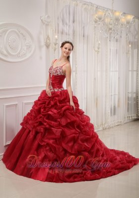 Wine Red Quinceanera Dress Sweep Train Pick-ups straps