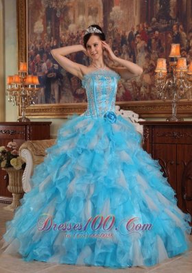 Aqua Quinceanera Gown Strapless Ruffles Hand Made Flower