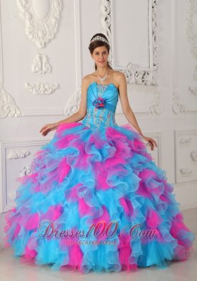 Sweetheart Aqua and Red Quinceanera Dress Hand Made Flower