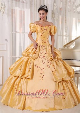 Off the Shoulder Gold Quinceanera Dress Embroidery Layer