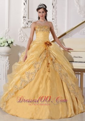 Gold Quinceanera Dress Strapless Appliques Hand Made Flower