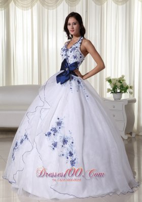 Halter White Quinceanera Dress Hand Made Flower Embroidery