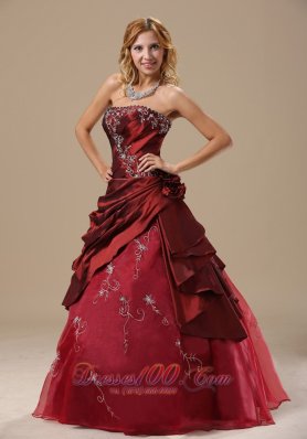 Strapless Embroidery Wine Red Sweet 16 Dress Embroidery