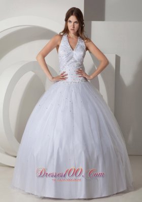 White Halter V-neck Beaded Quinceanera Dress Ball Gowm