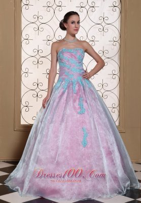 Quinceanera Dress Blue Appliques Organza Strapless