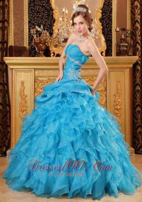 Sky Blue Quinceanera Dress Organza Beading Ruffles