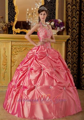 Watermelon Quinceanera Dress Halter Taffeta Appliques