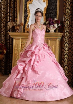 Pink Quinceanera Dress Straps Taffeta Beading Appliques