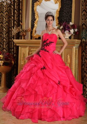 Coral Red Quinceanera Dress Sweetheart Organza Appliques