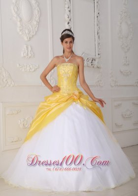 Yellow White Quinceanera Dress Strapless Organza Taffeta