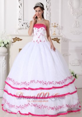 White Strapless Quinceanera Dress Organza Beading Embroidery