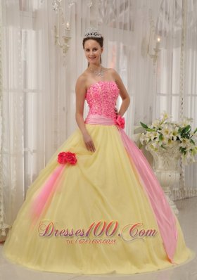 Handmade Flowers Pink and Yellow Tulle Qunceanera Dress