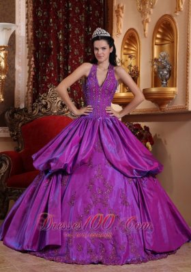 Purple Simple Dresss for Quinceanera Halter Taffeta Appliques