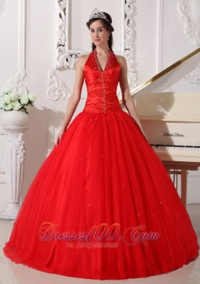 Red Halter Quinceanera Dress Tulle Beading Ball Gown