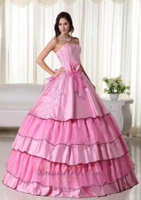 Hand Flowers Rose Pink Taffeta Beading Quinceanera Dress