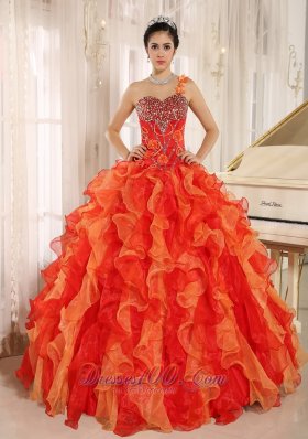 One Shoulder Red Beaded Decorate Ruffles Quinceanera Dress