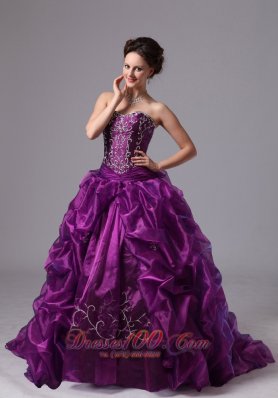 Embroidery and Pick-ups Eggplant Purple Sweep Train Dress for 15