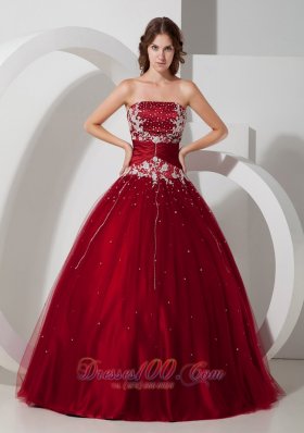 Wine Red Quinceanera Dress Strapless Satin and Tulle