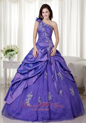 Taffeta Purple One Shoulder Appliques Quince Dresses