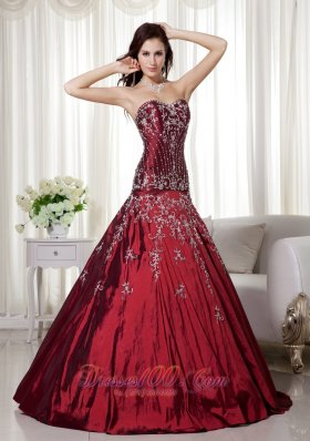 Taffeta Wine Red Beading and Embroidery Quinceanera Gowns