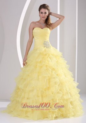 Light Yellow Ruffles Quinceaners Gowns Appliques and Ruch Organza