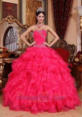 Coral Red Quinceanera Dress Sweetheart Organza Beading Pleats