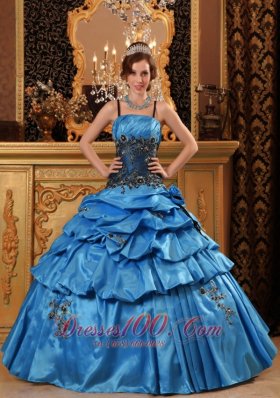 Blue Quinceanera Dress Spaghetti Straps Taffeta Appliques