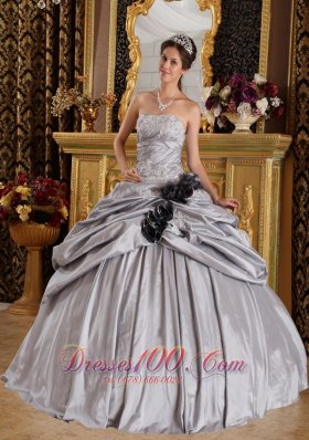 Appliques and Handmade Flowers Gray Taffeta Quinceanera Dress