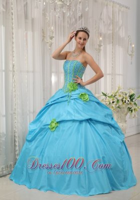 Taffeta Beading and Hand Flowers Baby Blue Quinceanera Dress