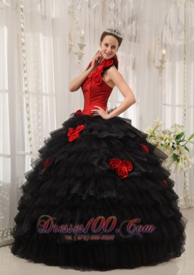 Halter Colorful Ball Gown Taffeta and Organza Hand Flowers 16 Dress