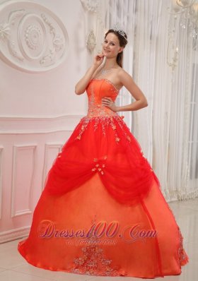 Taffeta and Tulle Orange Red Quinceanera Dress Appliques