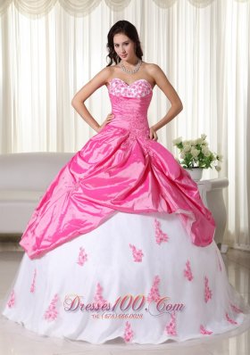 Appliques Pink and White Ball Gown Taffeta Quinceanera Dress