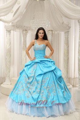 Aqua Organza One Shoulder Embroidery Quinceanera Dress