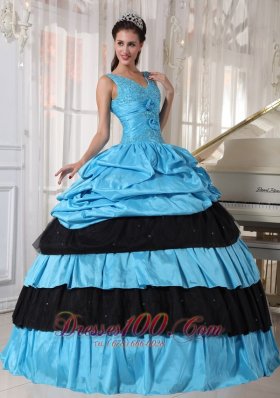V-neck Light Blue and Black Quinceanera Dress Taffeta Beading