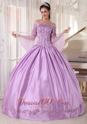 Lavender Off Shoulder Taffeta Appliques Dress for Girls