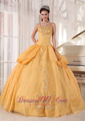 Spaghetti Straps Gold Organza Appliques Quinceanera Dress