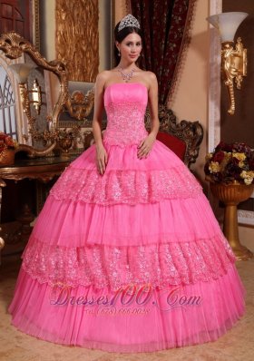 Quinceneara Dresses With Rose Pink Organza Lace Appliques